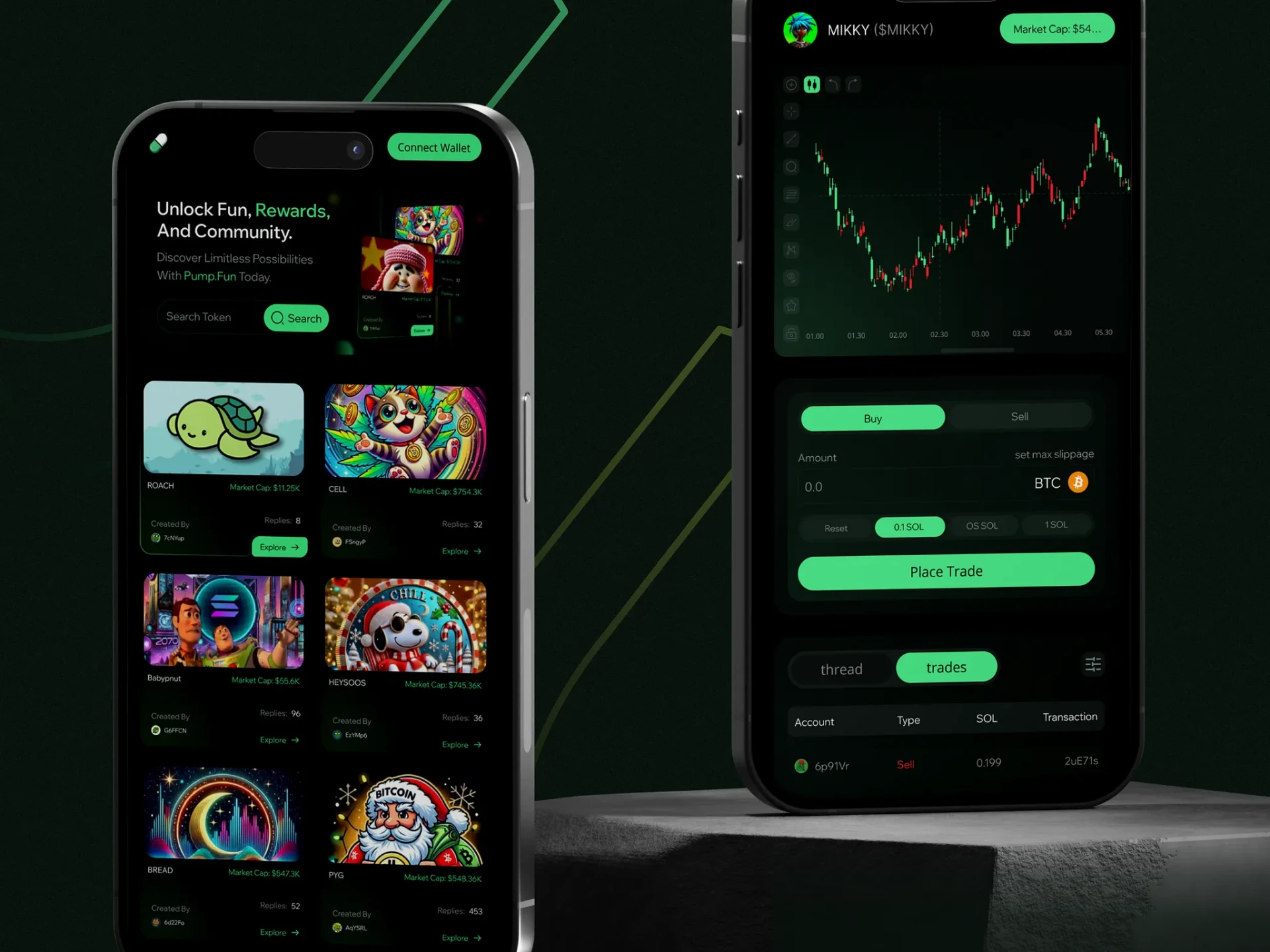 Pump Fun app on mobile showing token list and trading screen
